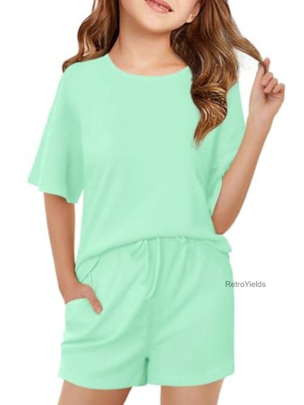 Girls Summer 2 Piece Outfit Set Oversized Tee & Shorts with Pockets, Drawstring